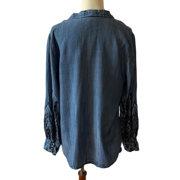 CHICOS POPOVER TOP TENCEL EMBROIDERED SLEEVES CHAMBRAY BOHO CHIC FESTIVAL 8/10 - Picture 4 of 11